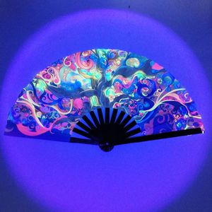 Ready to Ship Large Decorative Bamboo Crafts Rave Hand Fan Bamboo UV Glow Folding Fan for Festivals Neon UV Reactive Party