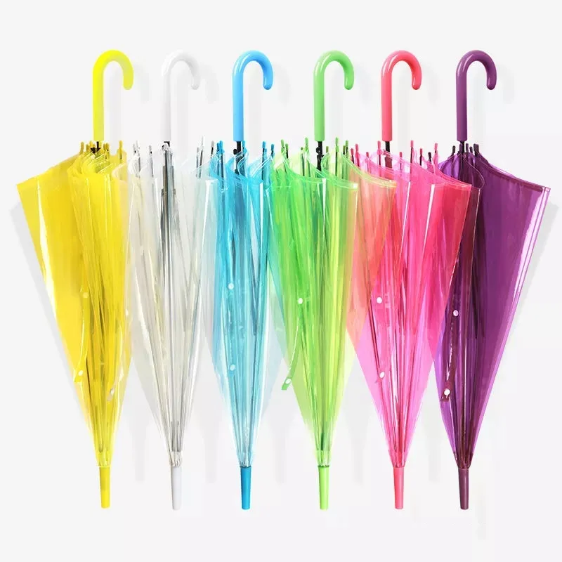 Wholesale custom straight long handle pvc colorful clear transparent umbrella for rain bulk with logo printing