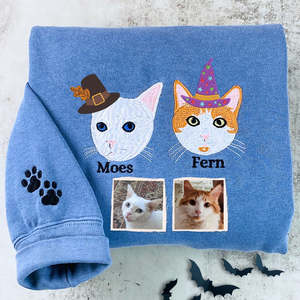 Chat brodé personnalisé Portrait Photo femmes Halloween sorcière chapeau sweat à capuche hiver automne tissé tissu 3D motif avant - Product Image 5