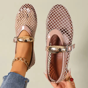รองเท้าบัลเล่ต์แบบสวมสำหรับผู้หญิง ดีไซน์ตาข่ายรูปปลา ตกแต่งหัวเข็มขัดทันสมัย พื้นรองเท้าด้านในทำจากยางนุ่ม - Product Image 5