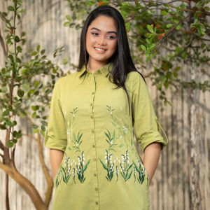 Robe courte en lin de haute qualité avec broderie florale vert clair élégante décontractée pour femmes - Product Image 6