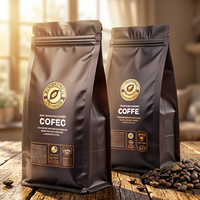 Sachet de café personnalisé à huit soudures latérales, brun foncé mat avec valve de dégazage et fermeture éclair pour l'emballage des grains de café