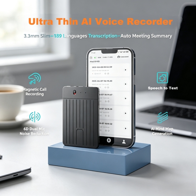 Ultra Thin AI Voice Recorder 189 Languages Real-Time Transcription Translation Magnetic Call Recording 6D Dual Mic Noise