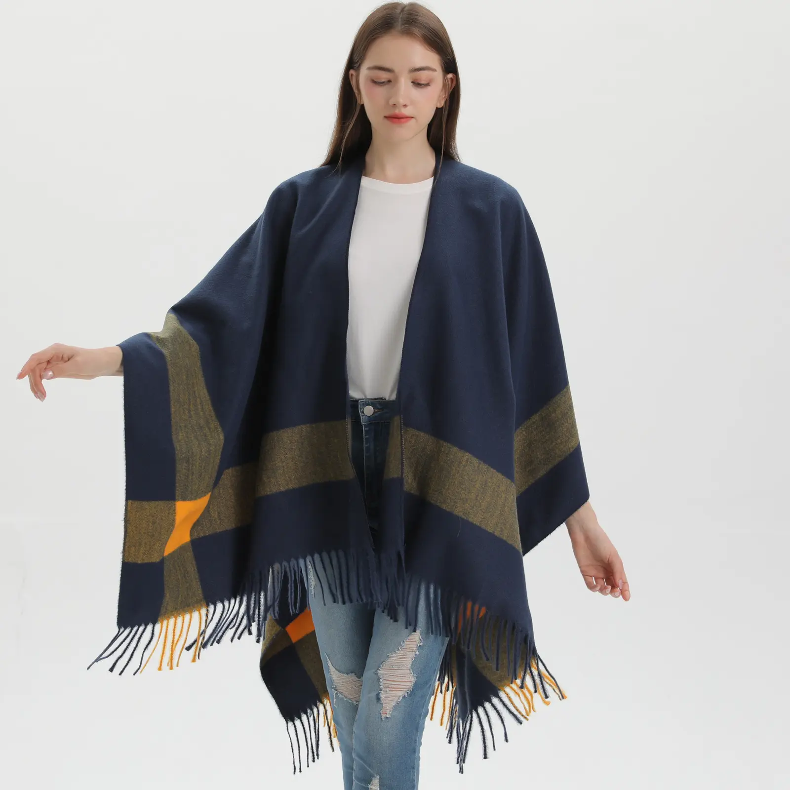 Winter Solid Color Thick Warm Cashmere Wraps Plain Ponchos For Women Female Acrylic Blanket Scarf With Tassels Capes Shawls