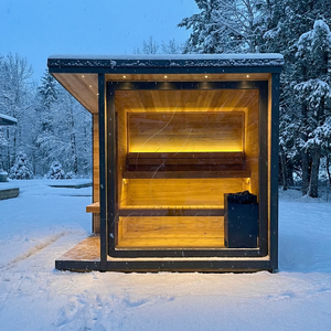 Cabine de sauna extérieure avec véranda, vue panoramique, style noir, panneaux en aluminium imperméables, poêle intégré, pour <span class=keywords><strong>la</strong></span> vente en gros - Product Image 1