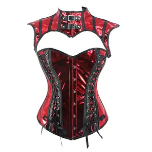 Retro Shiny Metallic Faux Leather Corsets Set Steampunk Women Sexy Overbust Gothic Bustiers Bodice Femme Punk Clothing