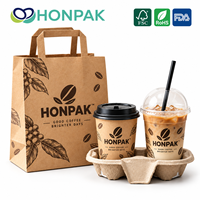 Emballages à emporter pour café personnalisés HONPAK, sacs en papier kraft, gobelets pour boissons chaudes et froides et 2 porte-gobelets pour les cafés