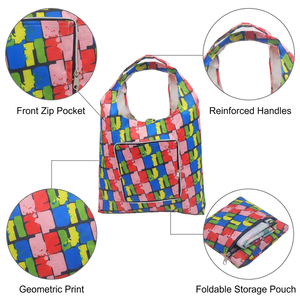 <b>Foldable</b> Shopping <b>Bag</b> 61cm Reusable Tote Geometric Print Grocery Lightweight Front Zip Pocket Shoulder Handle Eco 4 Patterns <b>Bag</b> - Product Image 3