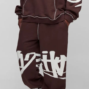 Men's Brown Oversized Hooded Sweatshirt Set With White Letter Print Pocket Fleece Tracksuit Autumn Wear - Product Image 2