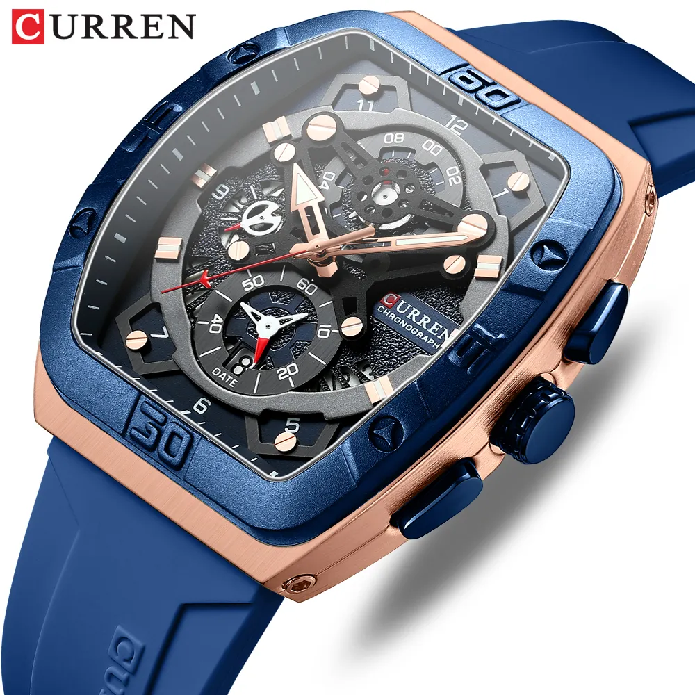 Curren 8443 Nieuwe Mannen Horloge Mode Top Reloj Blauwe Siliconen Band Quartz Horloges Man Business Luminous Luxe Klok