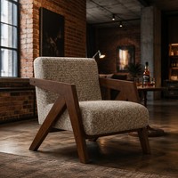 Fauteuil en bois de caoutchouc style Richard, fauteuil lounge vintage en lin rayé avec siège rembourré en mousse haute densité pour une lecture confortable