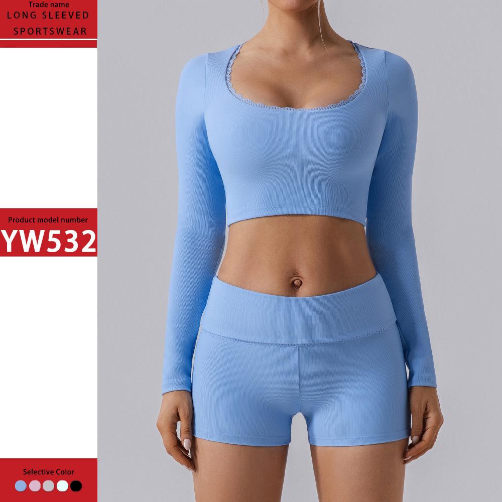 Quick Dry Breathable New Sexy Round Neck With Lace Gym Yoga Yoga Gym Top Bra Fitness Workout Long Sleeves Running T-Shirts Tops