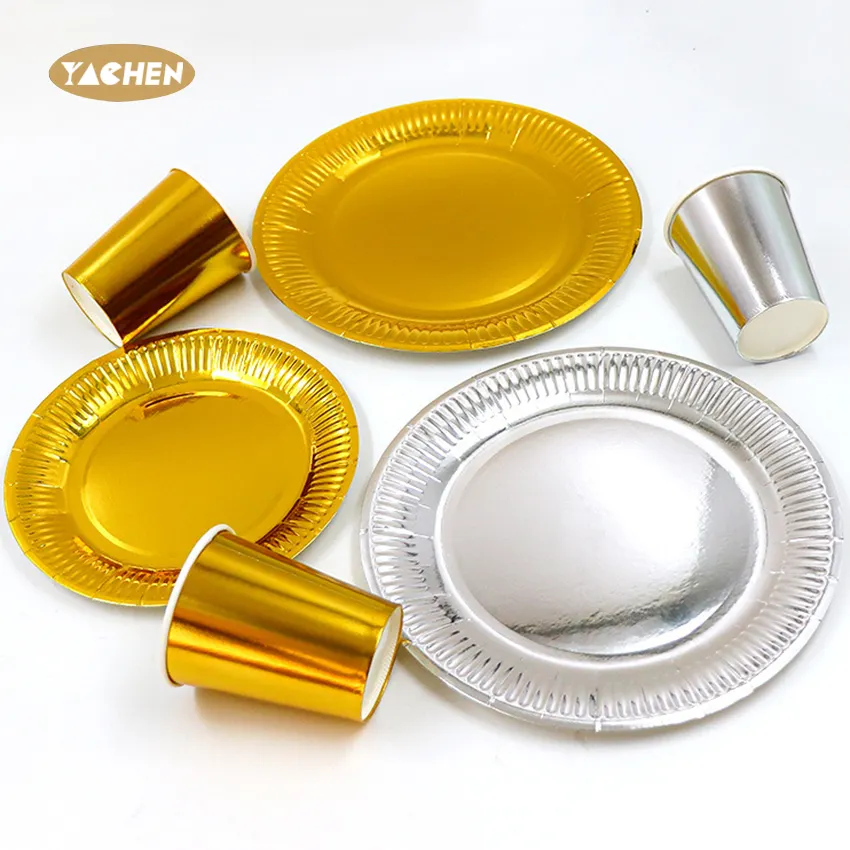 Yachen wholesale eco-friendly 7 9 inch luxury gold silver disposable cups and plates for wedding birthday party