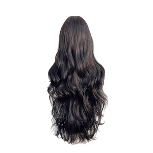 Peluca Larga Rizada de Marca Nacional, Color Marrón Oscuro, Fibra Kanekalon, Línea de Cabello Natural, Encaje Transparente, Estilo Ondulado Completo - Product Image 3