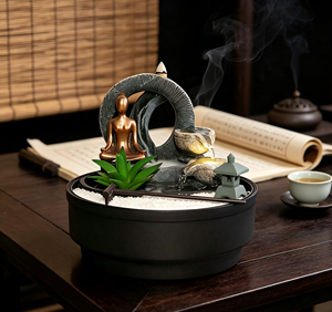 Fontaine de jardin <span class=keywords><strong>zen</strong></span> moderne avec porte-encens, <span class=keywords><strong>sable</strong></span> et râteau, figurine abstraite en bronze méditant et plante artificielle pour bureau - Product Image 3