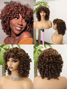 Perruque Lace Front en Cheveux Humains Remy Vierges à 100% Densité 200%, Courte, Frangée, Bouclée Naturelle, Style Bob Brésilien, Ondulation Spring Curl, avec Frange 4 # - Product Image 3