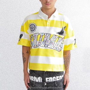Camiseta Polo de Algodón de Manga Corta con Bordado Vintage Personalizado de Estilo Urbano, con Pedrería, Corte Holgado y Rayas para Hombre - Product Image 4