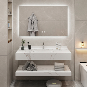 Tocador de Baño <span class=keywords><strong>con</strong></span> Lavabo de Mármol y Gabinete de Losa de <span class=keywords><strong>Roca</strong></span>, Lavamanos de Cerámica <span class=keywords><strong>con</strong></span> LED Inteligente y Encimera de Mármol para el Hogar - Product Image 2