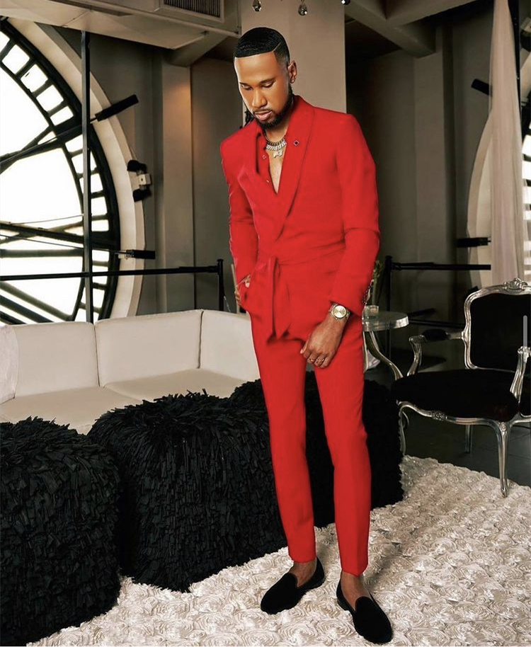 Red Peaked Lapel Slim Fit Men's Tuxedo Suit With Belt Custom