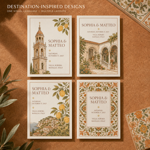 Juego de Invitaciones de Boda Estilo Costa Italiana Vintage, Ilustraciones de Pueblo y Limón, Itinerario Impreso Personalizado y Tarjetas RSVP con Formas Únicas - Product Image 4