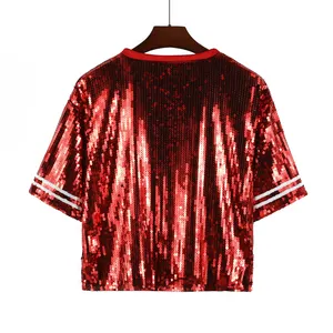 Hot Bán Tùy Chỉnh Bóng Chày Áo Sơ Mi Cô Gái Sexy Sequins Ngắn T Áo Sơ Mi Phụ Nữ Sequins Crop Top Đỏ Trắng