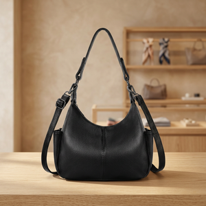 Bolso Hobo de Cuero Genuino para Mujer, Color Negro, Textura Suave, Clásico, de Hombro, para Uso Diario, con Dos Correas y Cierre Abierto - Product Image 2