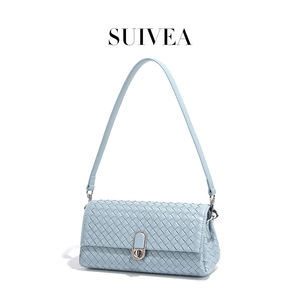 Bolso de Hombro Tejido de Moda para Mujer, de Cuero PU, con Correa Única, Cierre de Hebilla con Diseño de Diamantes, para Uso Diario, Color Azul Claro - Product Image 4