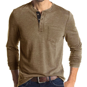 Para <span class=keywords><strong>Amazon</strong></span>, camiseta de <span class=keywords><strong>manga</strong></span> <span class=keywords><strong>larga</strong></span> con cuello redondo para hombres europeos americanos, Henley Camiseta de cuello de 180 gramos de tela, camisa Base de comercio exterior - Product Image 1
