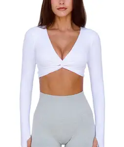 Abbigliamento sportivo da corsa Yoga maglietta a maniche lunghe con Logo personalizzato Sexy atletico con collo profondo da palestra Activewear Top corto da donna
