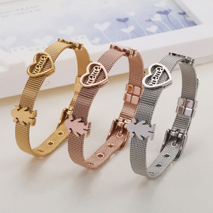 Bracelet en maille tendance en acier inoxydable plaqué or rose avec breloques fille-maman, bijoux pour femmes, bracelets personnalisés en forme de cœur, 50 pièces - Product Image 1