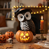 Statua in Resina di Halloween con Gufo Scheletro, Cappello da Strega e Zucca con Luce LED, Stile Animale, Intaglio in Legno, Decorazione per la Casa
