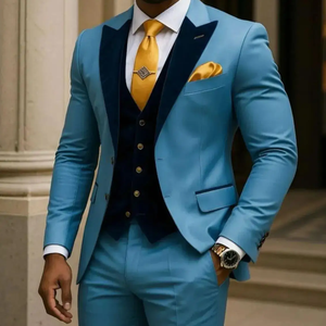 Nieuwste Blauwe Herenpak Bruiloft Feest Formele Bruidegom Bruidsjonker Smoking Gala Zakelijk Heren Smoking <span class=keywords><strong>3</strong></span>-delig Set Jas Vest Broek - Product Image 2