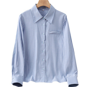 Blue Striped Shirt Women Long Sleeve Slim Fit Work Office Formal Poplin Polyester Fabric Simple Style - Product Image 5