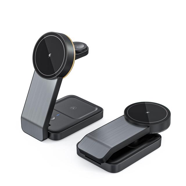 Metal 3 in 1 Magnetic Wireless Charging Station,Fast Foldable Travel Wireless Charger Stand for iPhone Series, Watch/Earbud Pro