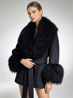 Manteau court d'hiver Janveny en laine double face pour femme, avec col et poignets en fourrure de mouton mongol bouclée, ceinture à la taille, veste chaude en mélange de laine