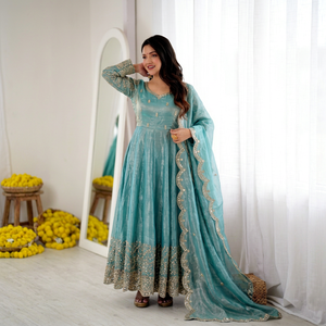 <b>Teal</b> Embroidered Silk Anarkali <b>Suit</b> With Dupatta Traditional Indian Pakistani <b>Women's</b> Floor-Length Wedding Dress Loose Fit - Product Image 1