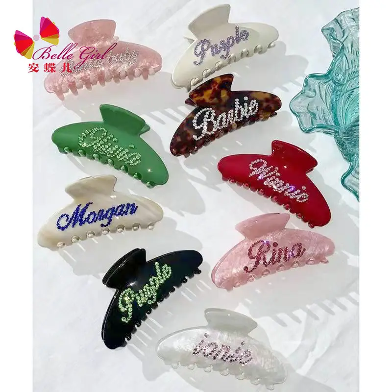 BELLEWORLD grampo de cabelo logo personalizzato crystal diamond nome fermagli per capelli artiglio francia acetato di cellulosa clip artiglio per capelli strass