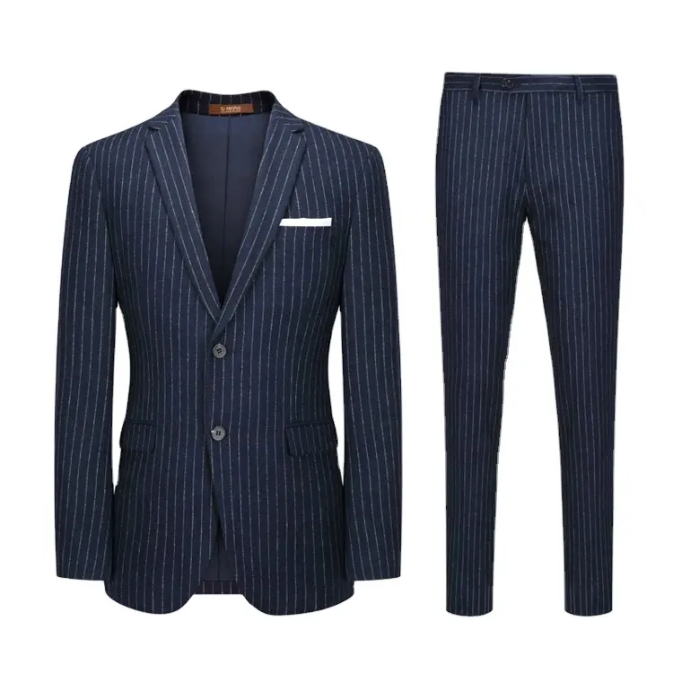 2023 Men Striped Single Breasted Casual Blazers 3 Piece Dark Blue Formal Business Suits