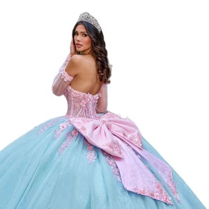 Strapless Ball Gown Empire Waist Sky Blue Tulle Floral Print Evening Dress With Short Train And Large Bow Back - Product Image 5