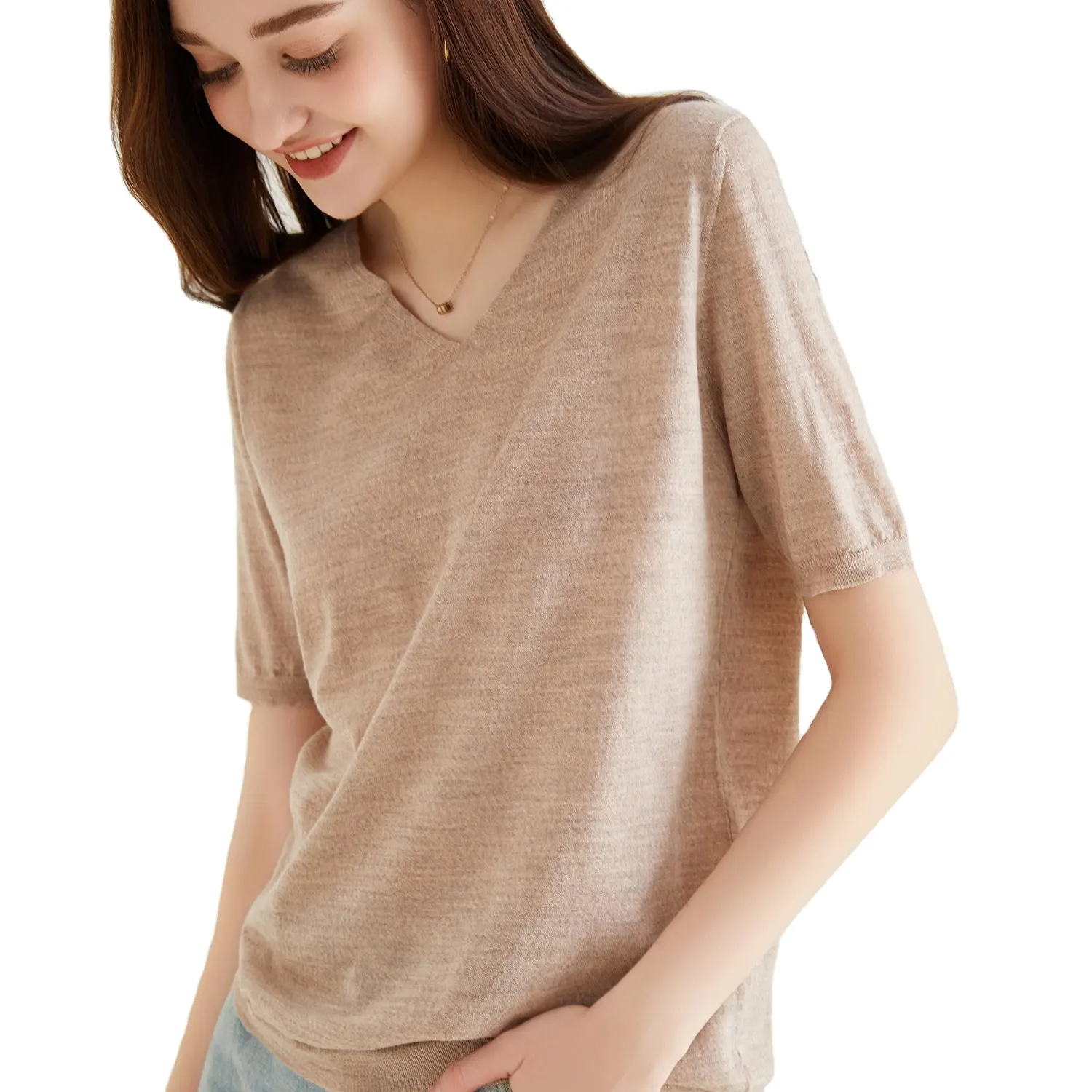 Autumn Solid Knitted Sweater V-Neck Short Sleeve Thin Sweaters For Women