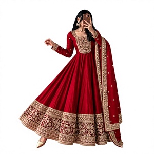 Conjunto de Fiesta para Mujer: Vestido Anarkali de Seda Romana con Dupatta y Parte Inferior, Largo hasta el Suelo, Sin Arrugas, Reversible, Elástico y de Secado Rápido - Product Image 1