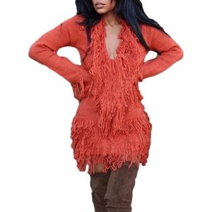 เดรสไหมพรมแฟชั่นผู้หญิงมาใหม่ แขนยาว แต่งชายครุย คอลึกเซ็กซี่ - Product Image 5