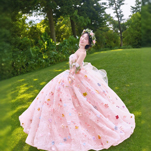 Sweet Strapless Ball Gown Wedding Dress Empire Waist Pink Colorful Floral Outdoor Photoshoot Couple Outfit - Product Image 5