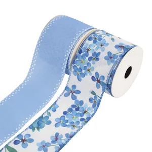 2.5 Inch Custom Printed Myosotis 63mm Burlap Summer Pattern White And Blue Wired Edge Ribbon Floral For Wreath Bow Gift Wrapping