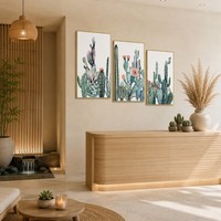 Lot de 3 triptyques d'art mural en aquarelle encadrés or, motifs cactus, succulentes, figue de Barbarie, botanique du désert, impressions sur toile, décoration de luxe pour hôtel