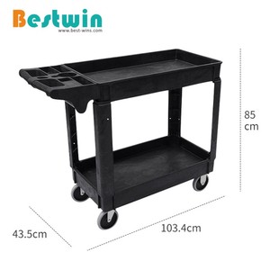 Carro de herramientas de plástico PP para uso en almacén de 2 niveles, carro de servicio pesado con bandeja de estantes profundos - Product Image 2