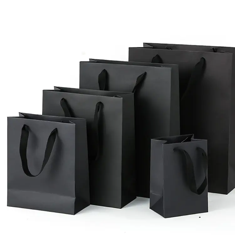 Grands sacs à provisions en papier laminé noir mat avec logo personnalisé pour magasin de vêtements avec votre propre logo