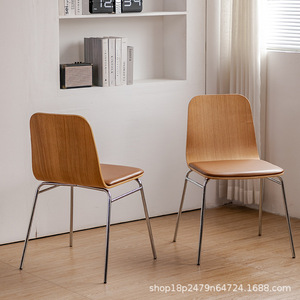 Dining Chair Solid Wood <b>Backrest</b> Brown Leather Seat Metal Legs Modern Design For Home Living Room Use - Product Image 2