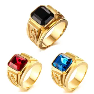 Fashion Finger Ring Jewelry Stainless Steel Custom Gold Plated Square Rhinestone Stone Men Black Ring