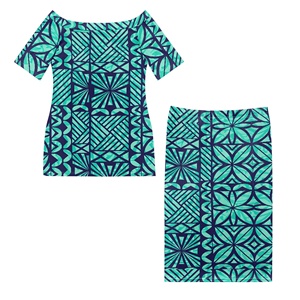 Hermosos Vestidos Samoanos Puletasi con Estampado Tapa Polinesio Azul para Mujer, Vestido con Hombros Descubiertos, Conjuntos <span class=keywords><strong>de</strong></span> Blusa y Falda <span class=keywords><strong>de</strong></span> Talla Grande - Product Image 3